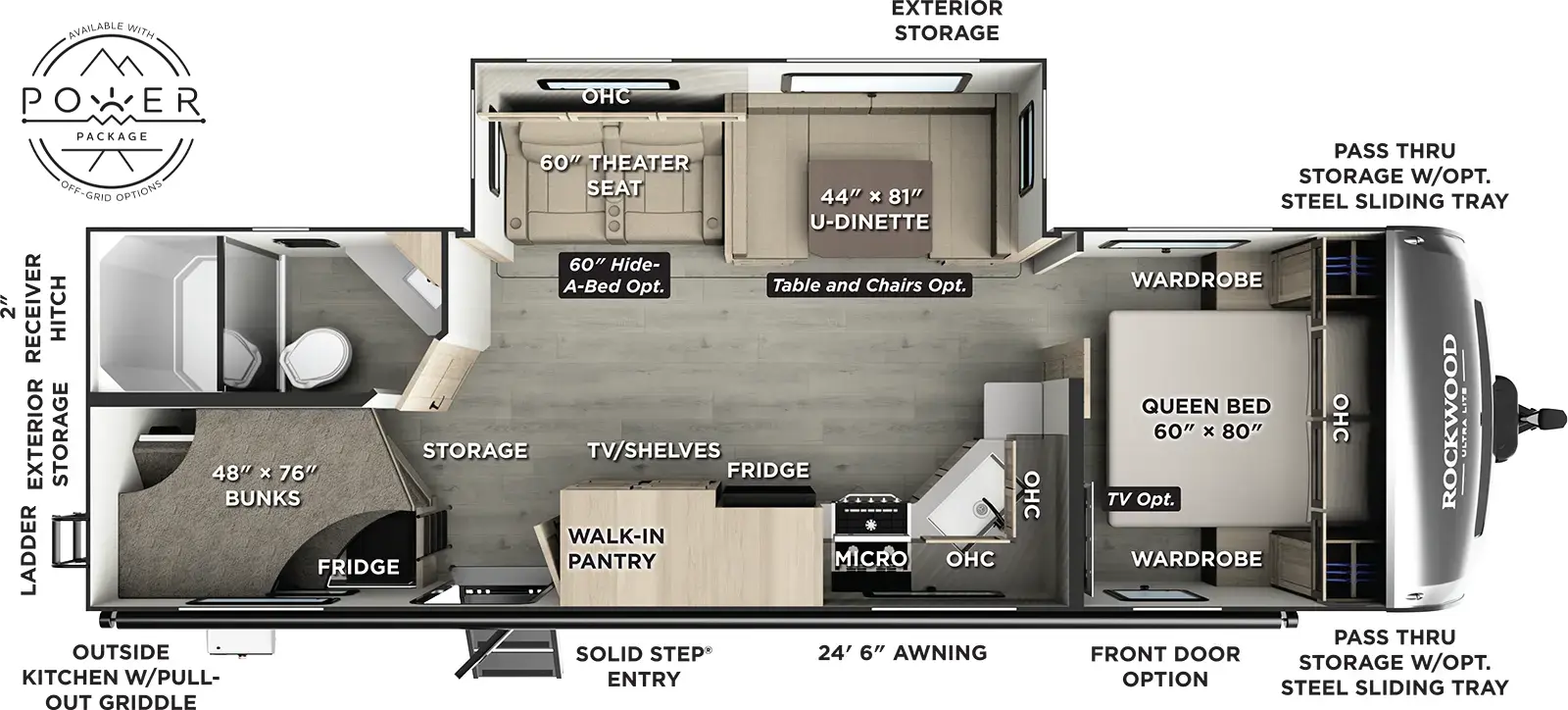 The Rockwood Ultra Lite Travel Trailers 2706BH floorplan has two entries and one slide out. Exterior features include: fiberglass exterior, 24'6" awning and outside kitchen. Interiors features include: bunk beds, free-standing dinette option, u-dinette and front bedroom.